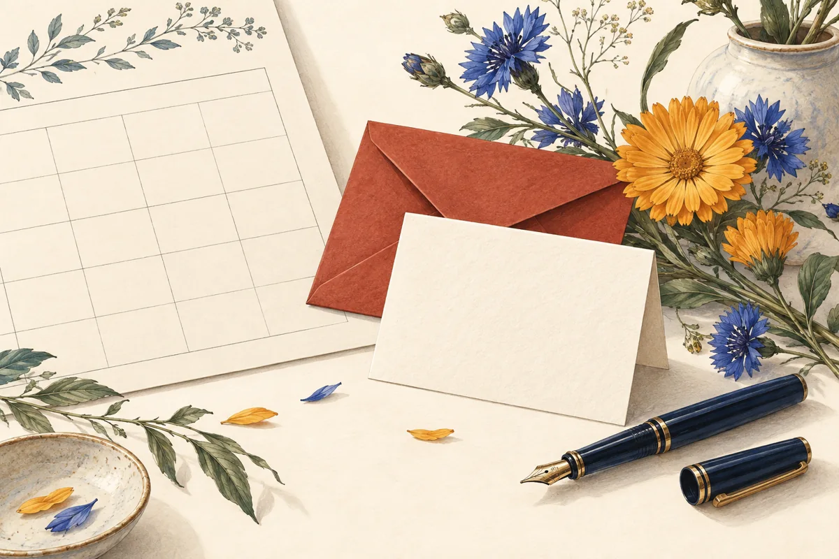 Illustrated correspondence desk with a blank name card, flowers, pen and calendar