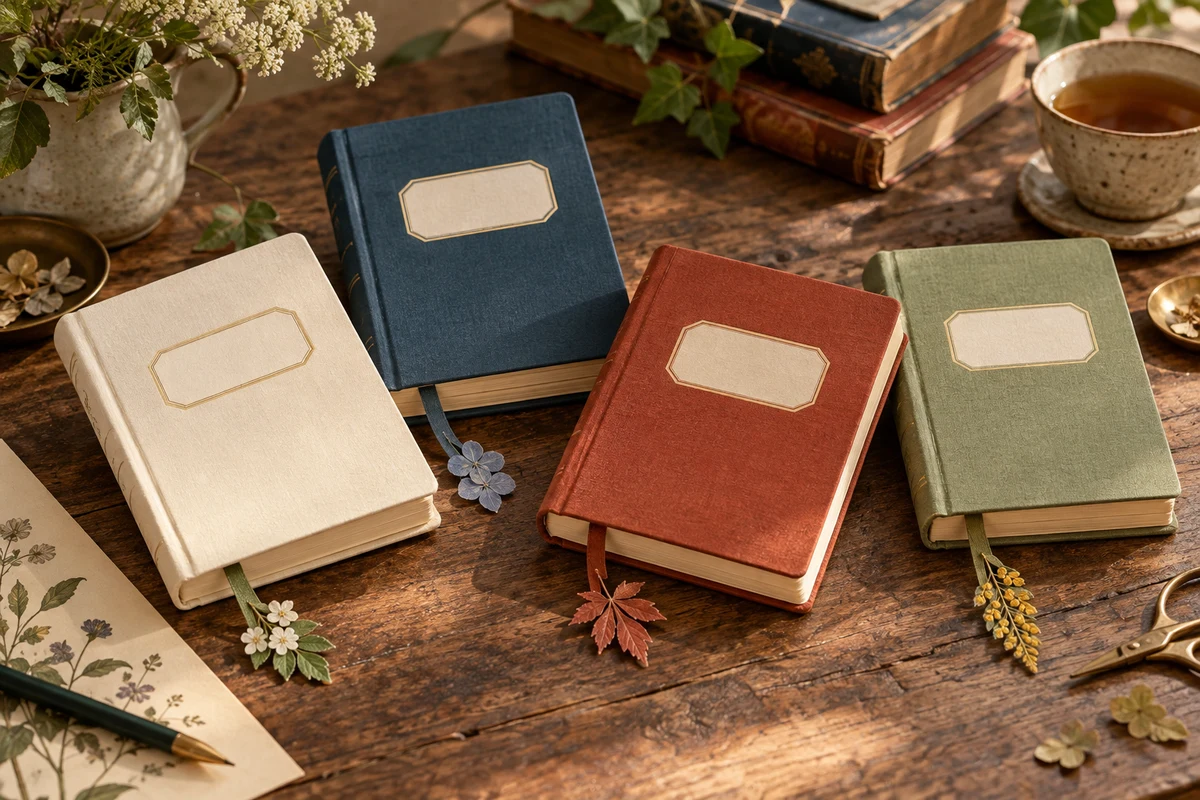 Four separate blank almanacs with distinct botanical bookmarks