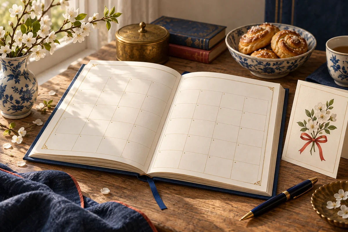Open calendar beside a greeting card, flowers and pastries