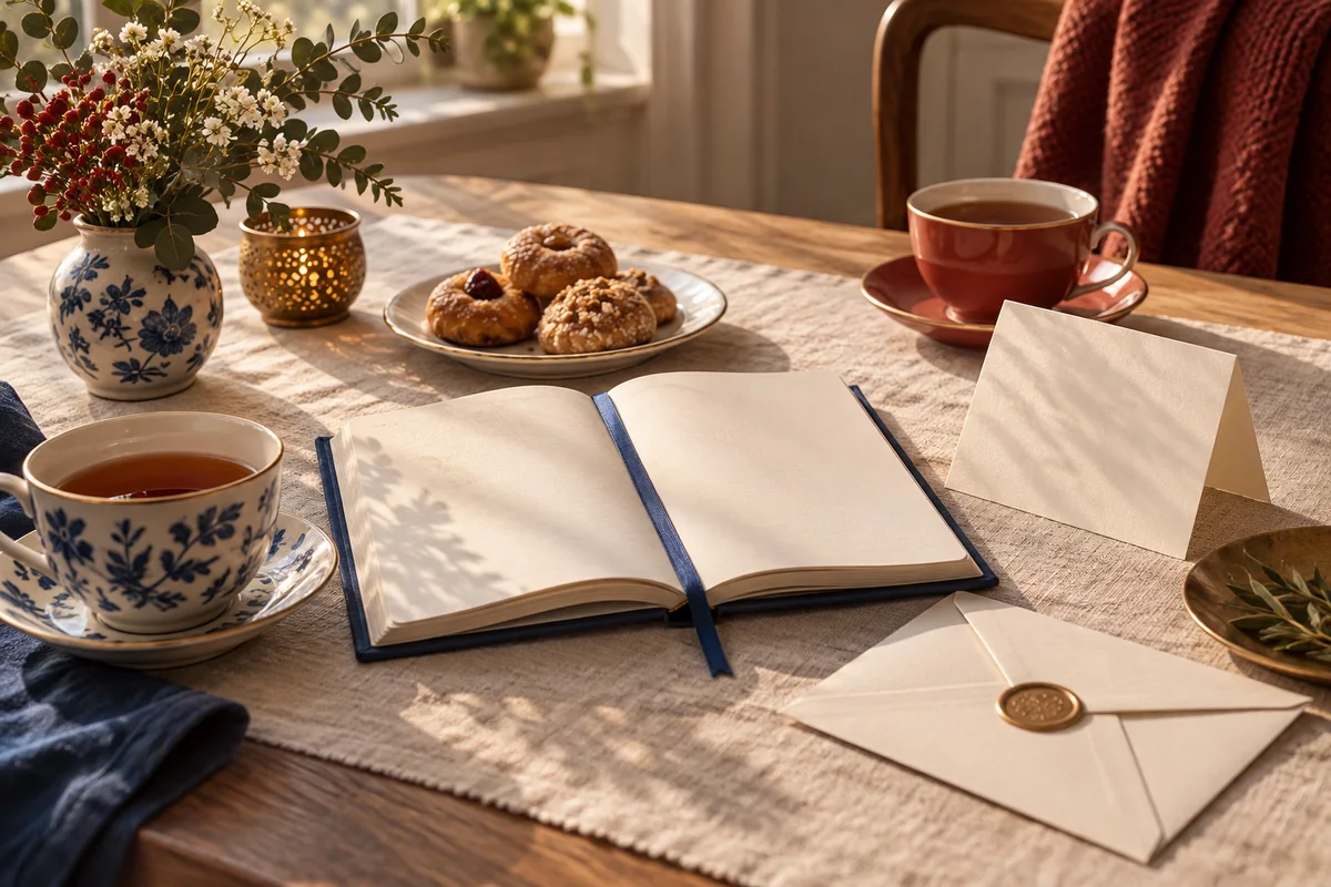An open almanac, pastries, two cups and an envelope on a family table