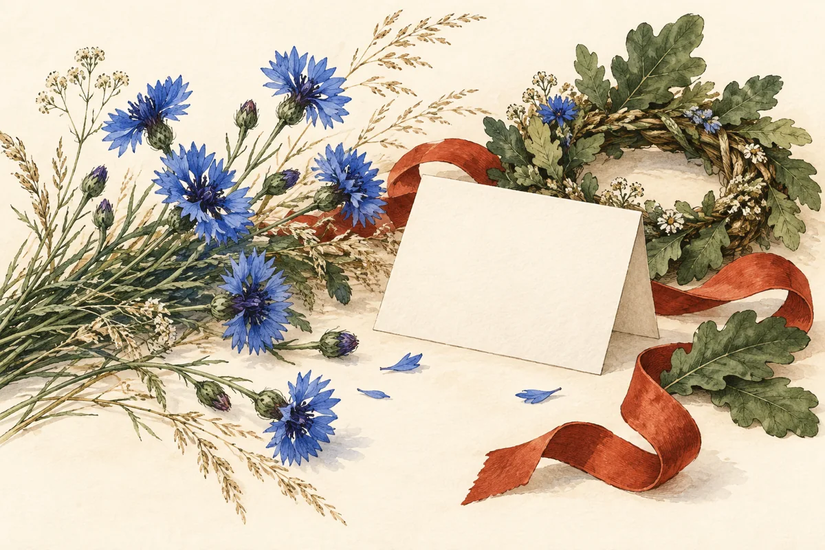 Illustration of a midsummer wreath, blue flowers and a blank card