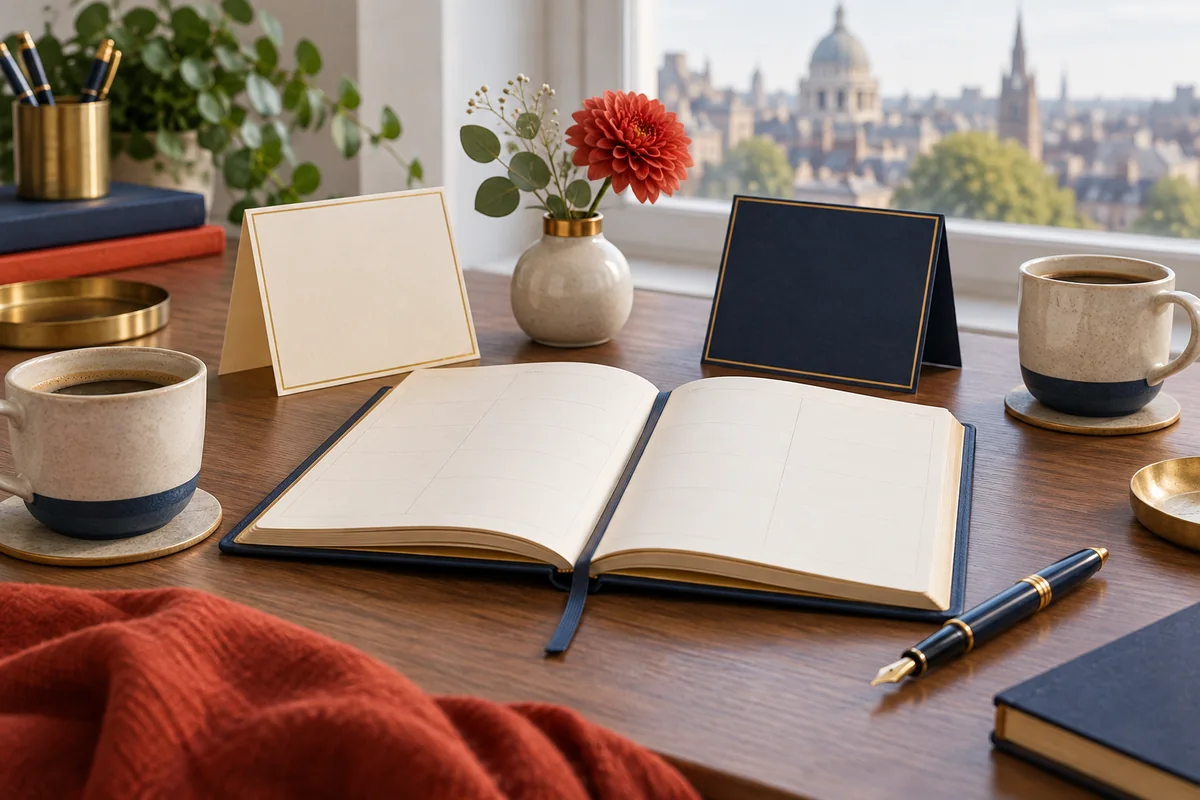 Open planner, blank greeting cards and coffee on a shared office table