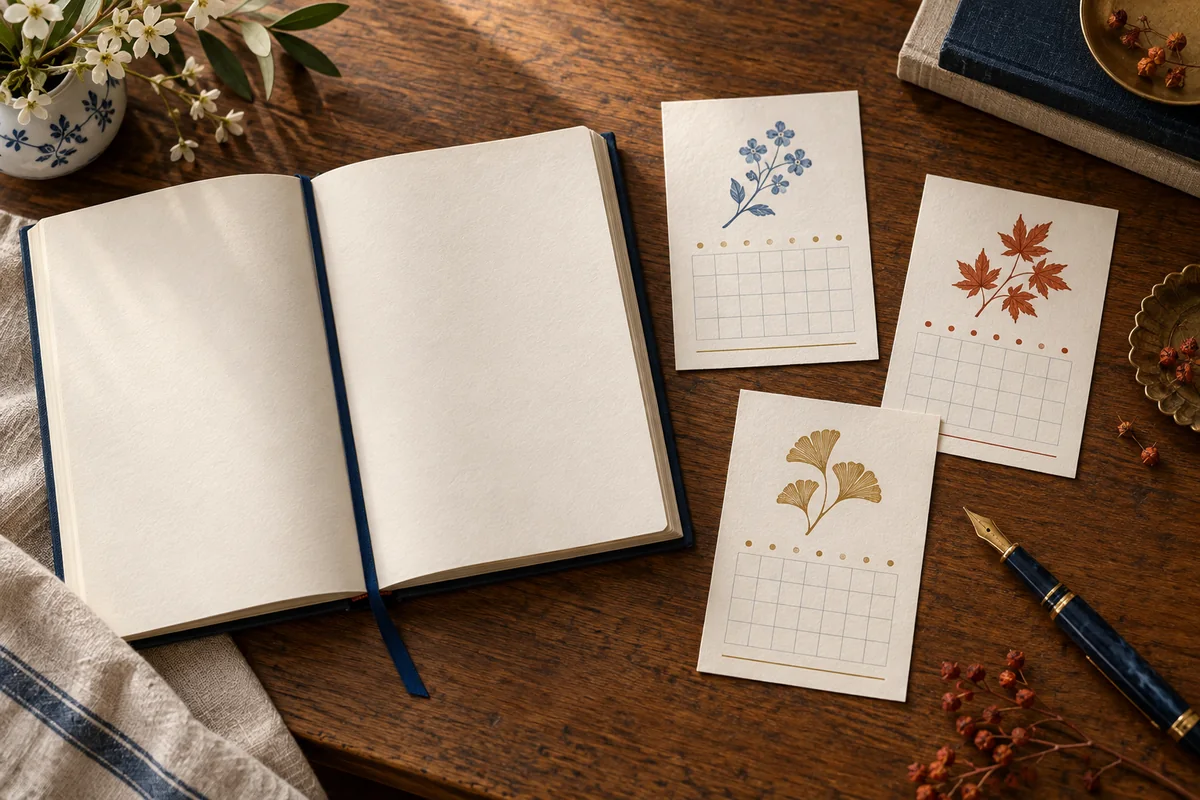 Blank notebook and sample calendar cards arranged for a classroom activity