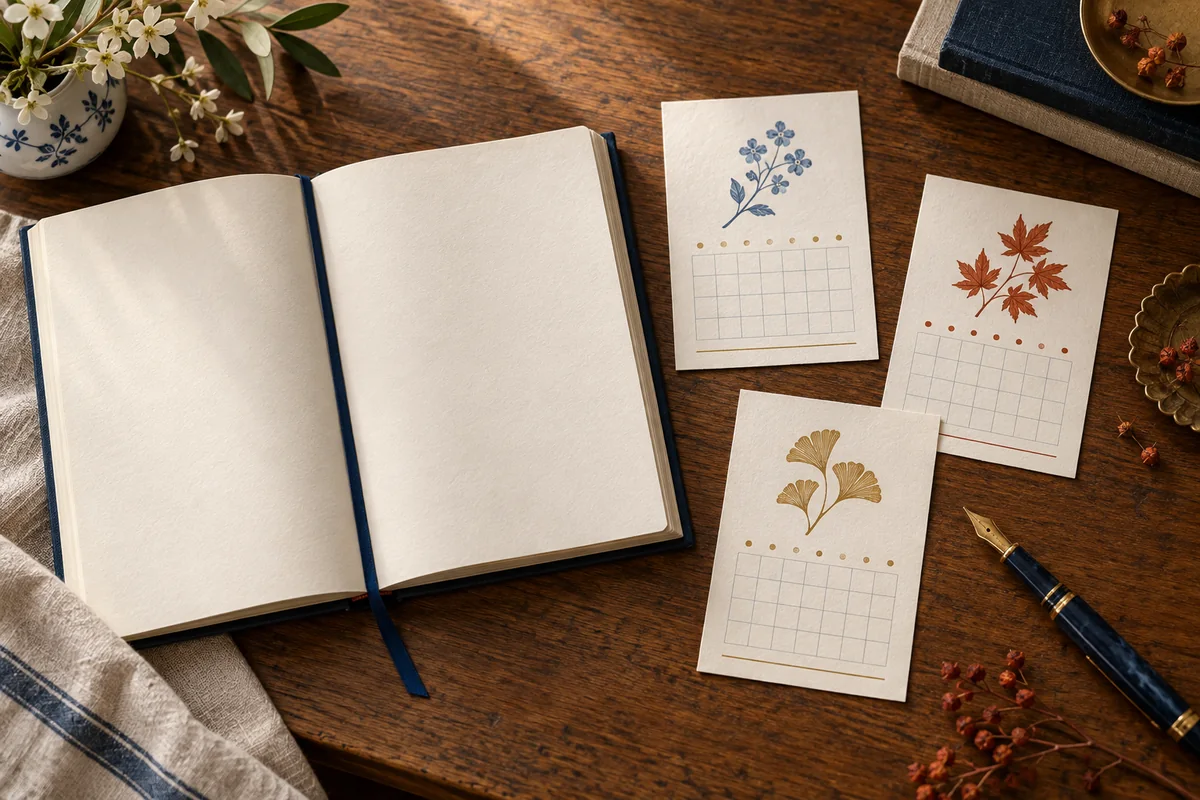 Three distinct blank calendar cards beside an open almanac