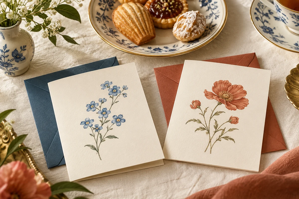 Two equally sized greeting cards with different floral designs beside small pastries