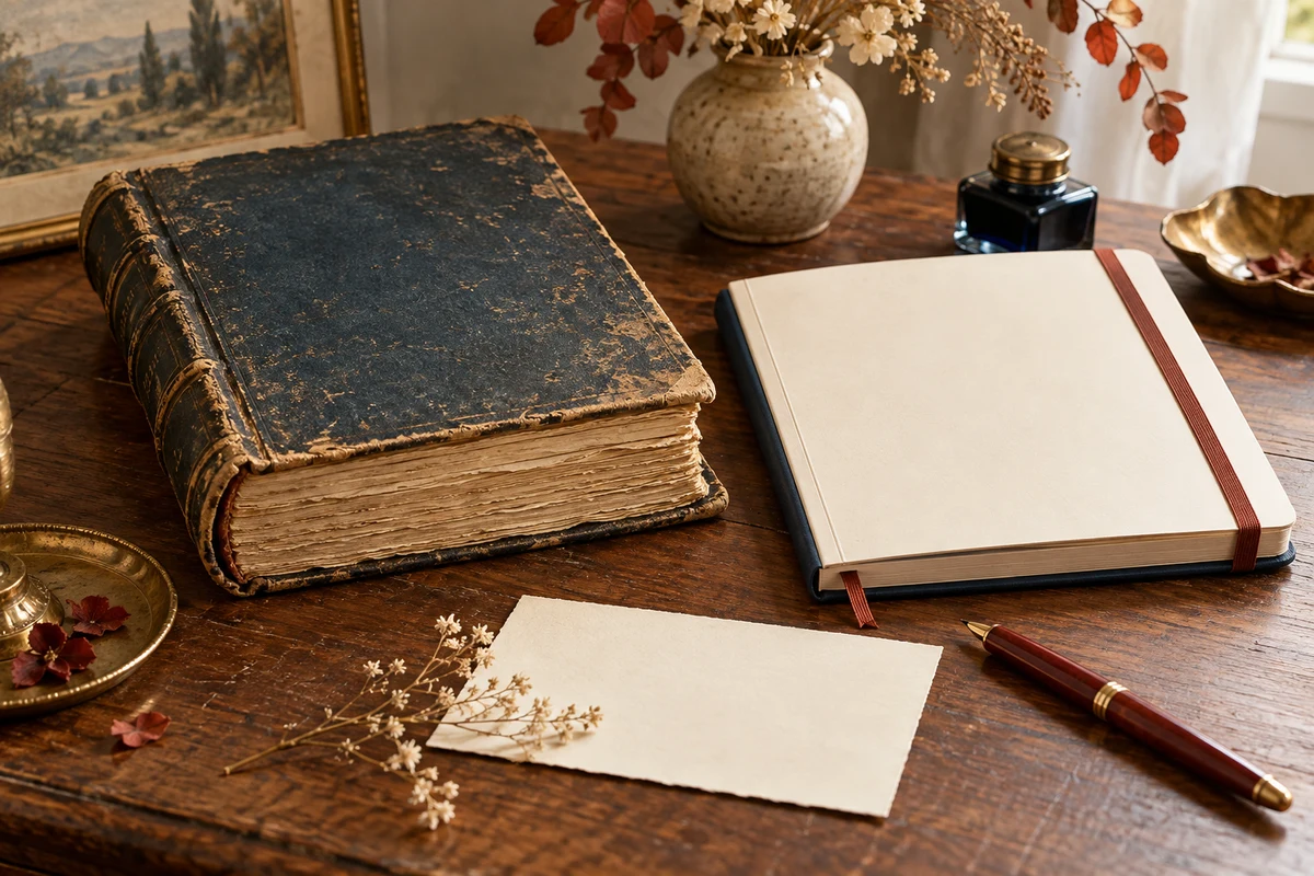 A worn blank almanac beside a modern planner and correspondence card