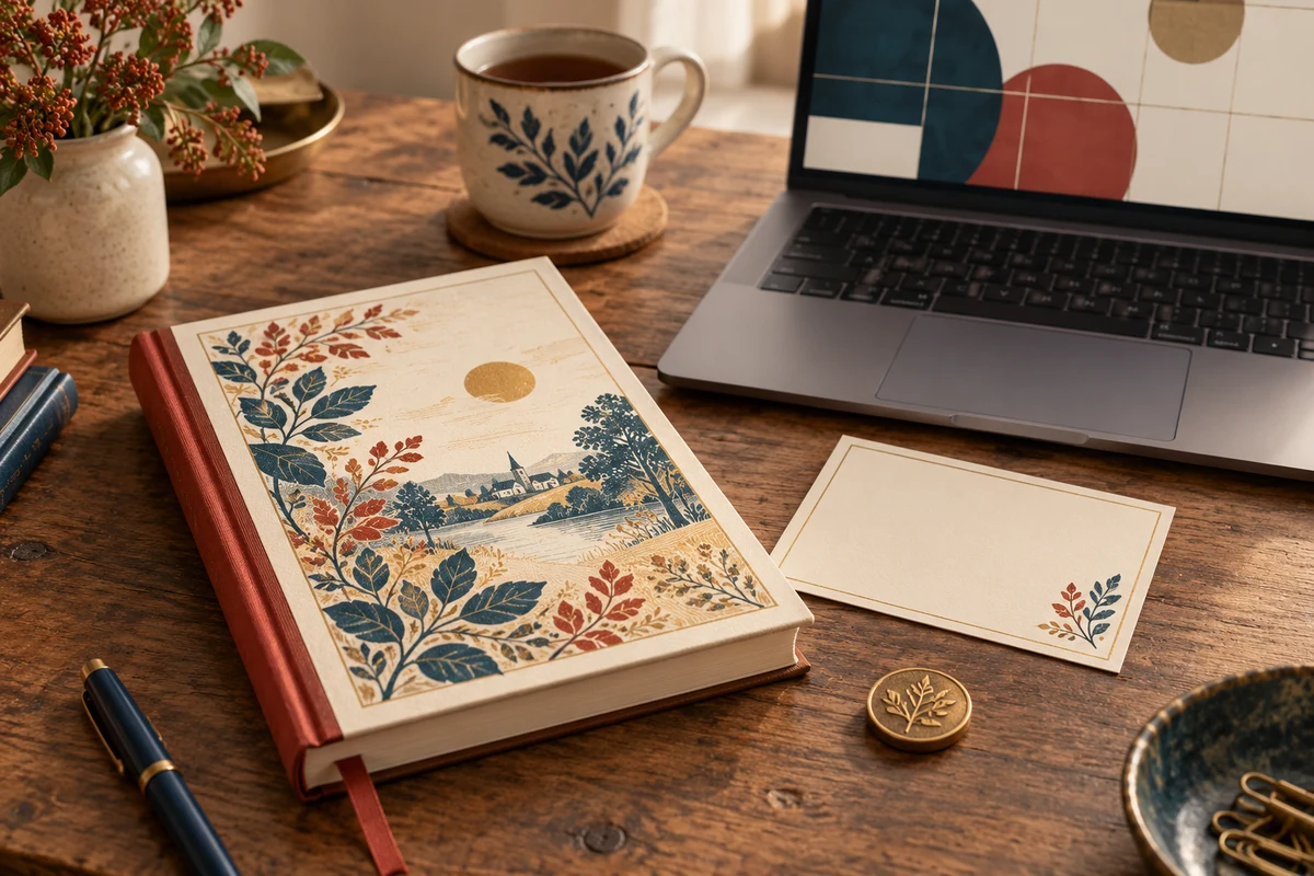A laptop with an abstract blank calendar grid beside an almanac and greeting card