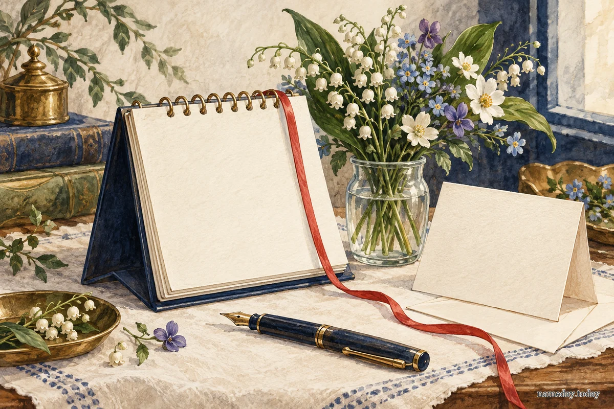Blank calendar, greeting card and spring flowers on a writing desk