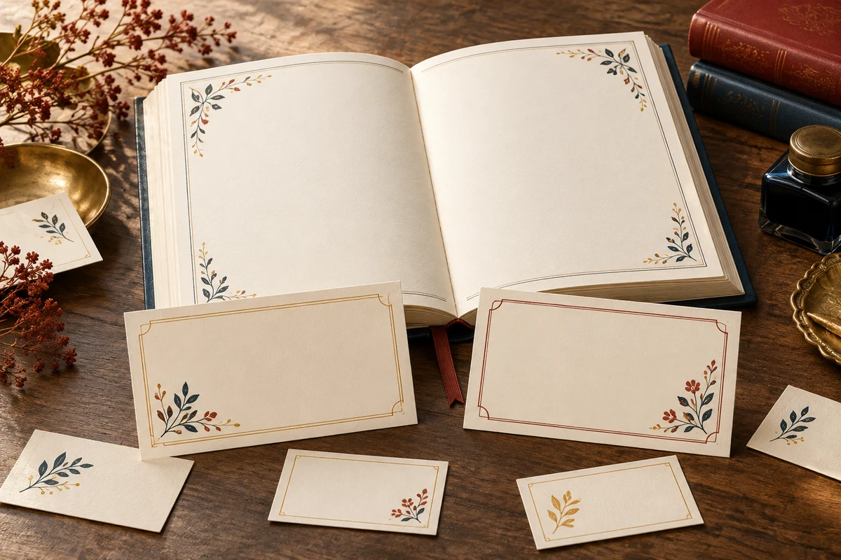 An open almanac with prominent blank cards and smaller companion cards